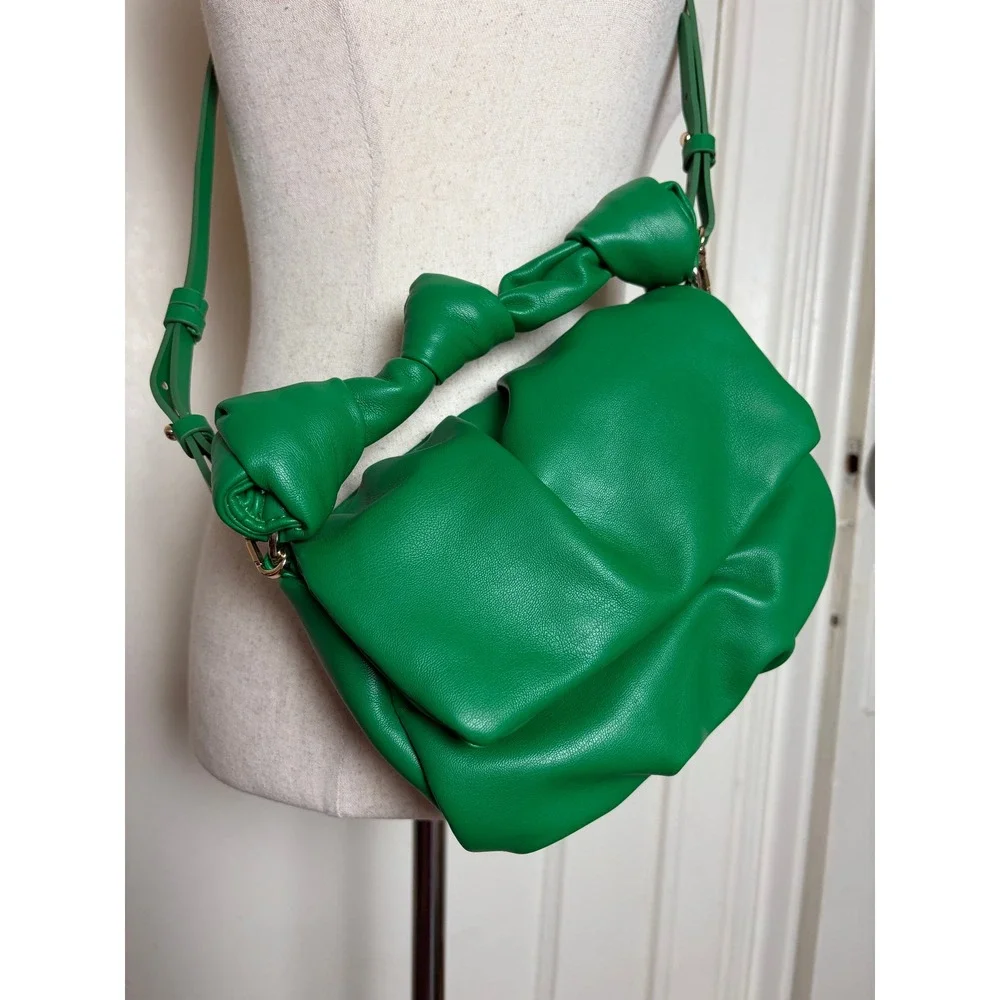 Zara Green Knotted Soft Crossbody Bag Faux Leather Pouch Clutch Gold Hardware